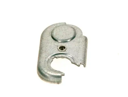 Metallplatte von Bosch mit runder Aussparung und seitlicher Einkerbung. Sie weist eine silberne Oberflächenbehandlung auf und hat eine Schraubenöffnungen.